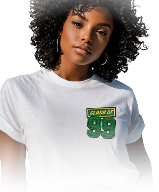 White Conway High Class of 1999 t-shirt with green and gold Class of 99 left chest design
