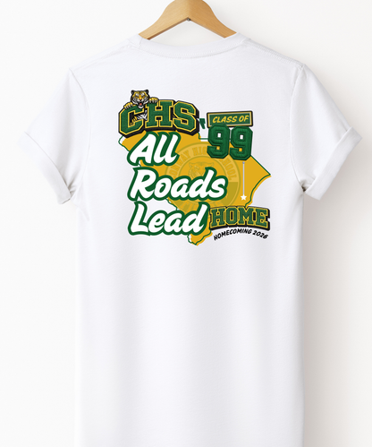 Back of Conway High Class of 1999 All Roads Lead Home Homecoming 2026 white t-shirt