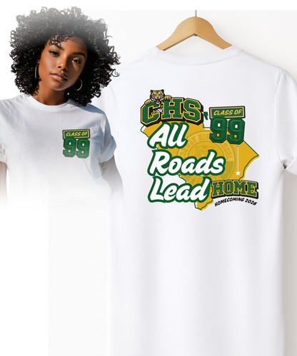 Conway High School Class of 1999 Homecoming 2026 white t-shirt showing front and back design