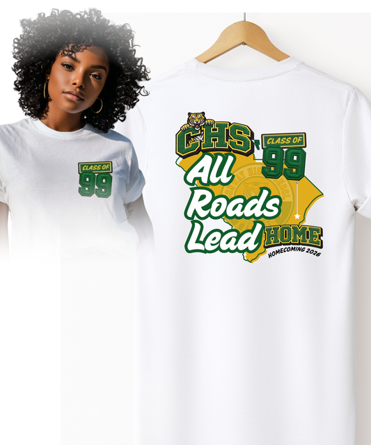 Conway High School Class of 1999 Homecoming 2026 white t-shirt showing front and back design